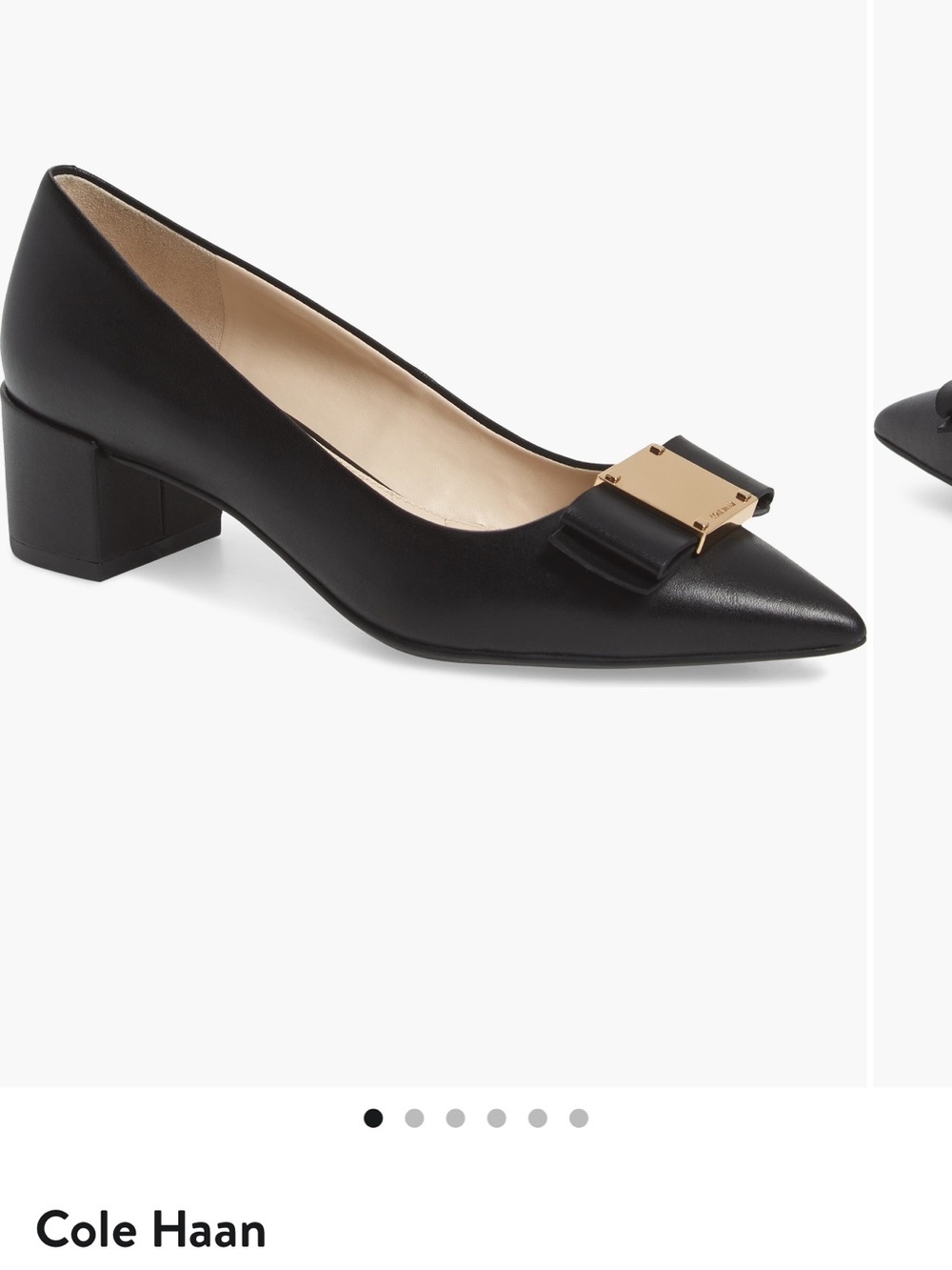 Cole Haan Black Leather Pointed Toe Block Heel Pumps with Gold Accent